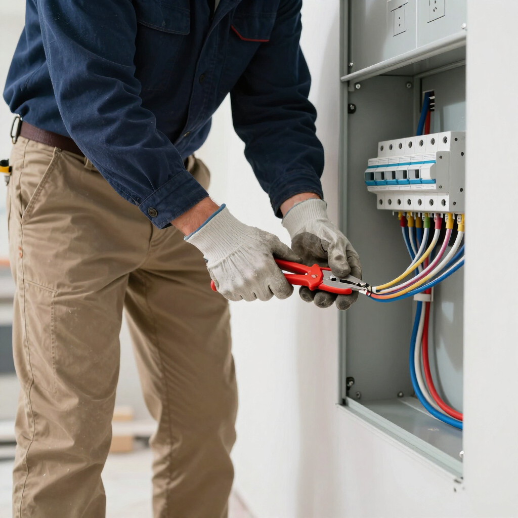 Technician working inside an electrical panel, tightening wires with red pliers.