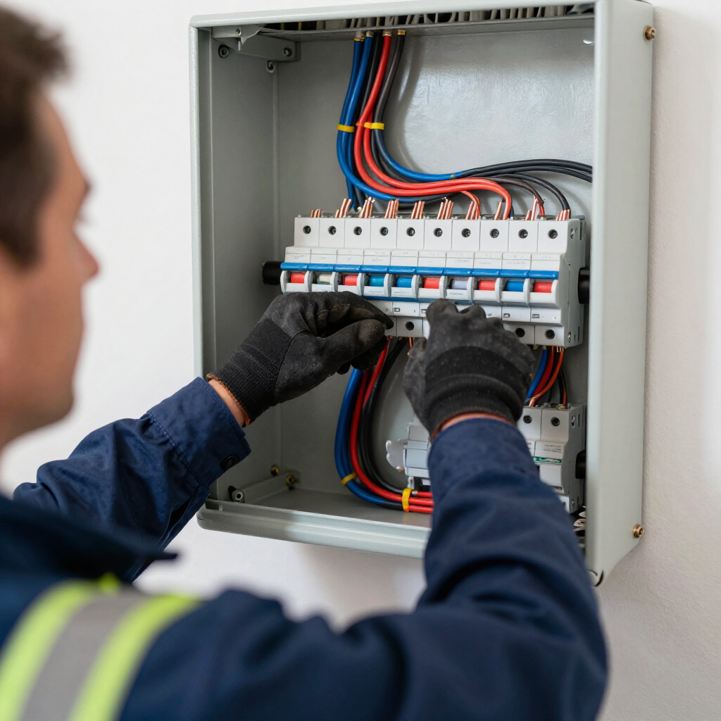Technician wearing gloves adjusts circuit breakers inside an open electrical panel