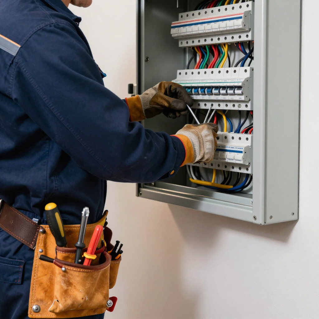 Electrician wiring a circuit breaker panel with tools in a wall-mounted electrical box.
