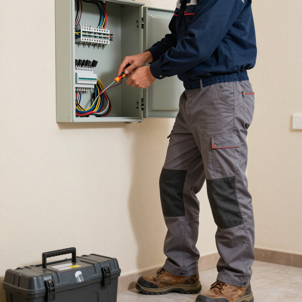 Technician using a screwdriver to work inside an open electrical panel beside a toolbox.