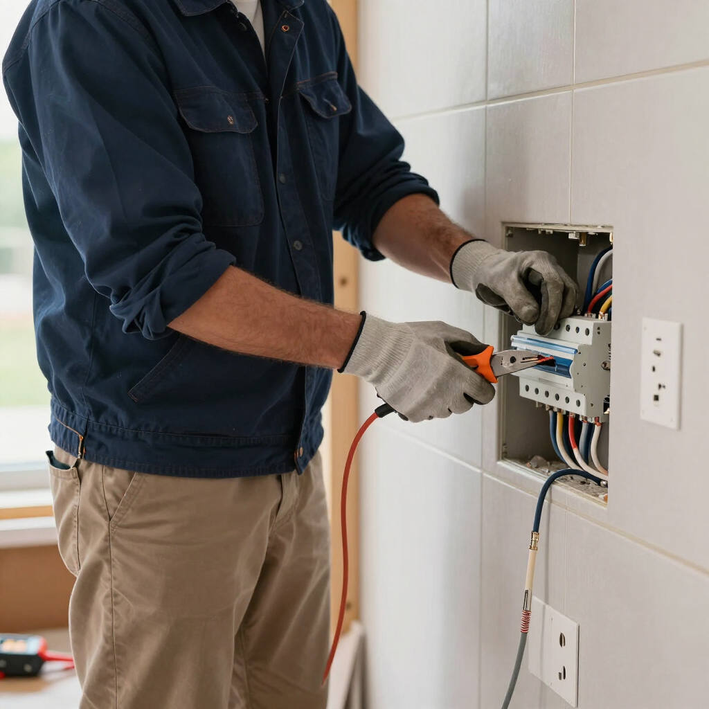 Electrician wiring a wall breaker panel with tools in a tiled room