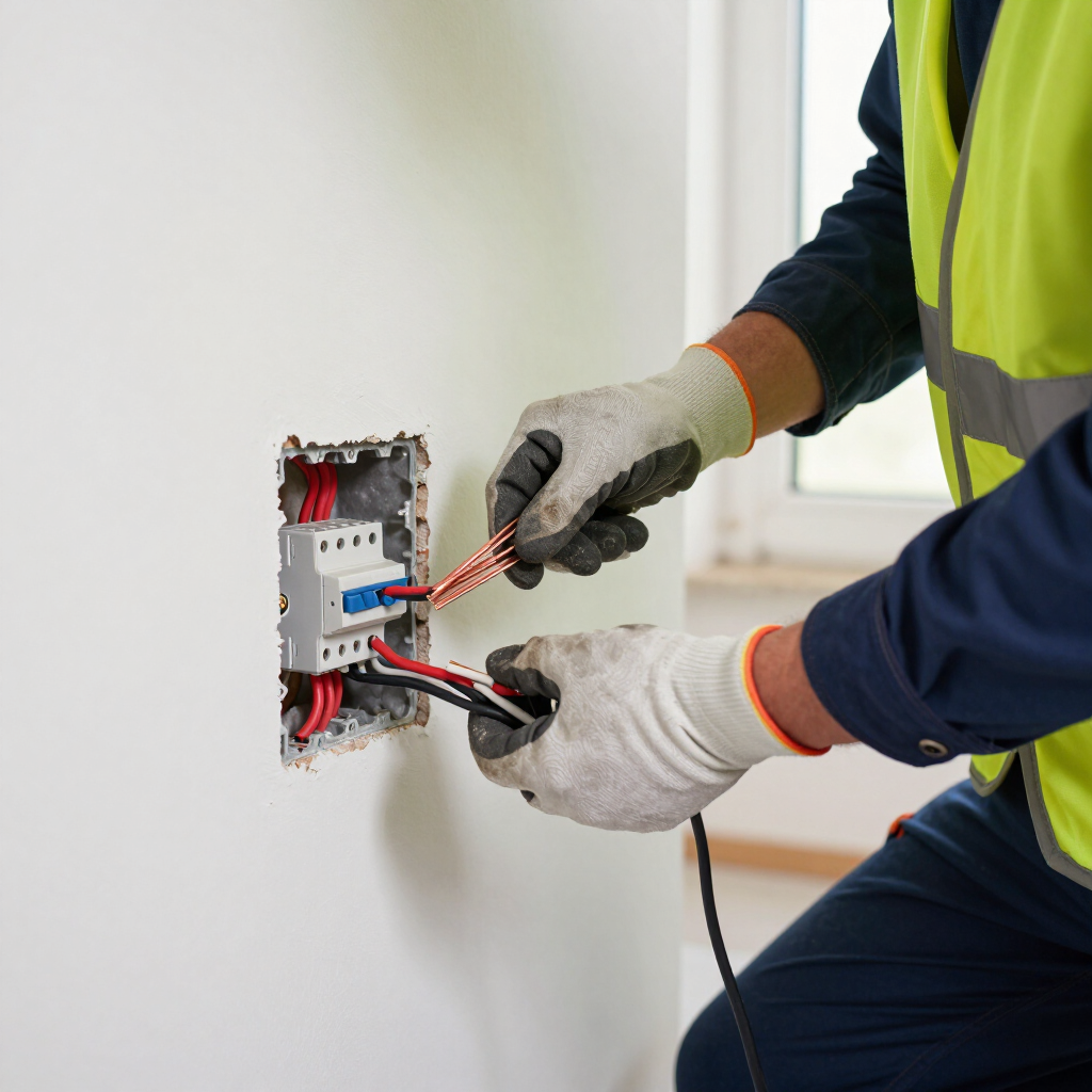 Electrician wiring a wall outlet box with red and black cables while wearing gloves and a safety vest