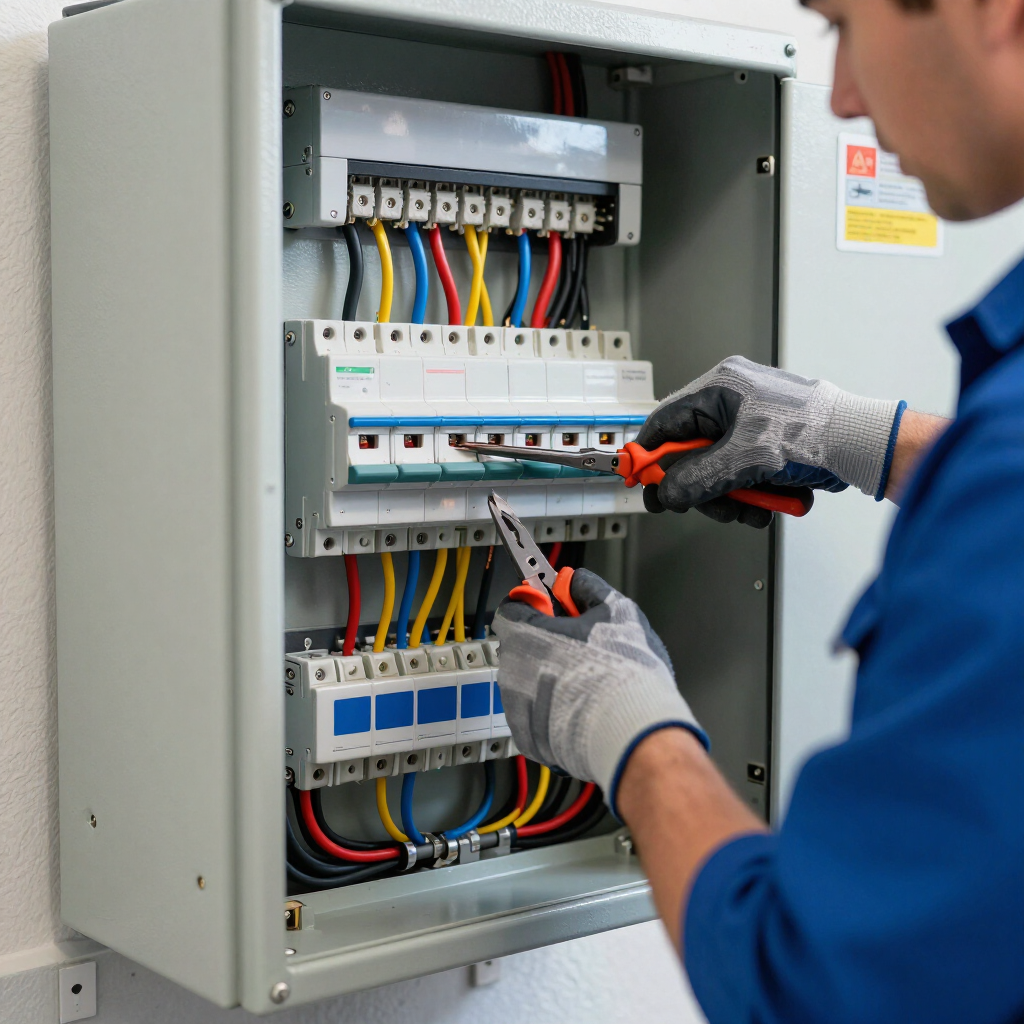 Technician using a screwdriver to wire an open electrical control panel
