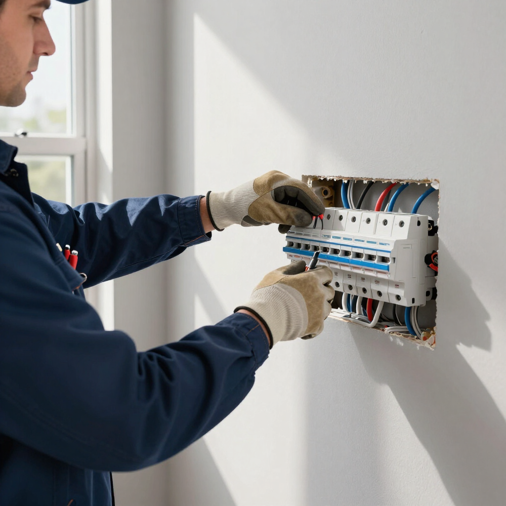 Person using a multimeter to test electrical wiring in a panel.