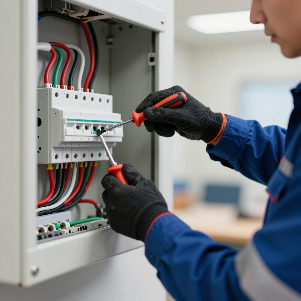 Electrician in blue uniform testing wiring inside an open electrical panel with a screwdriver