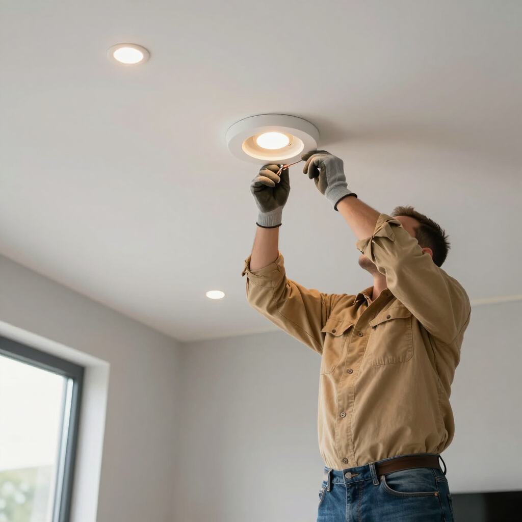 Person installing a ceiling light with a drill in a bright room