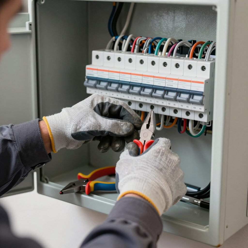 Gloved hands wiring a circuit breaker panel inside an electrical cabinet