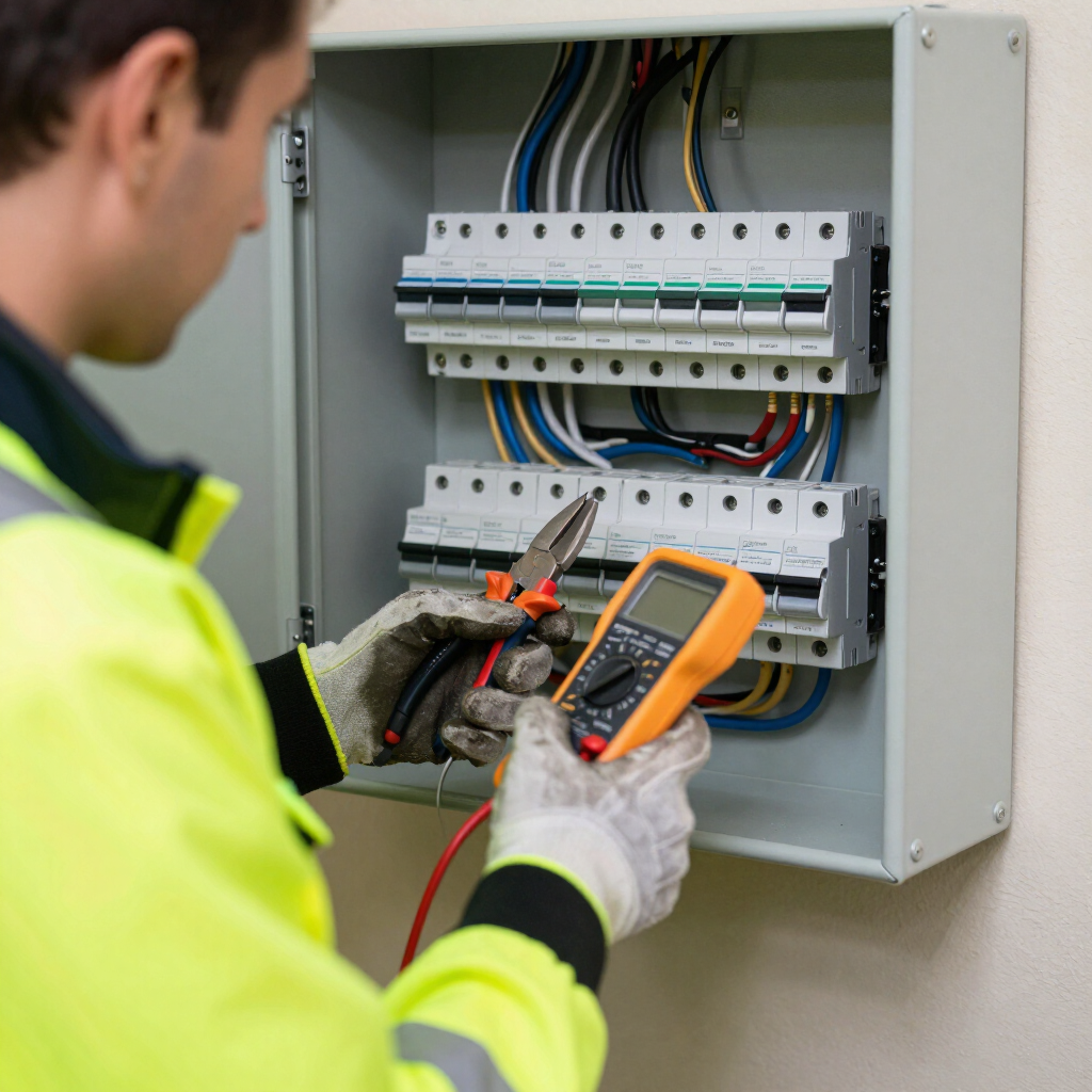 Technician testing electrical panel with a multimeter inside an open breaker box