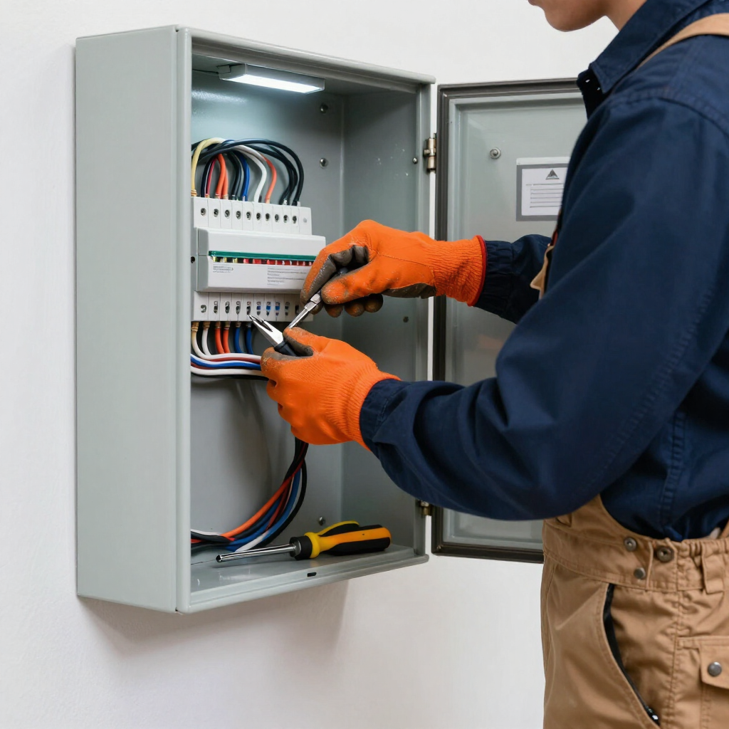Technician wiring an open electrical control panel in orange gloves