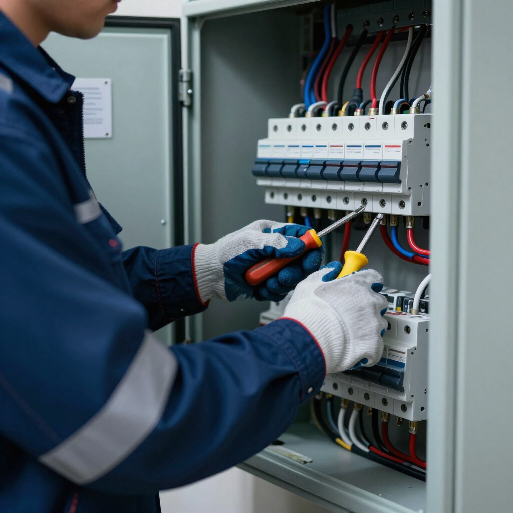 Person using a multimeter to test electrical wiring in a panel.