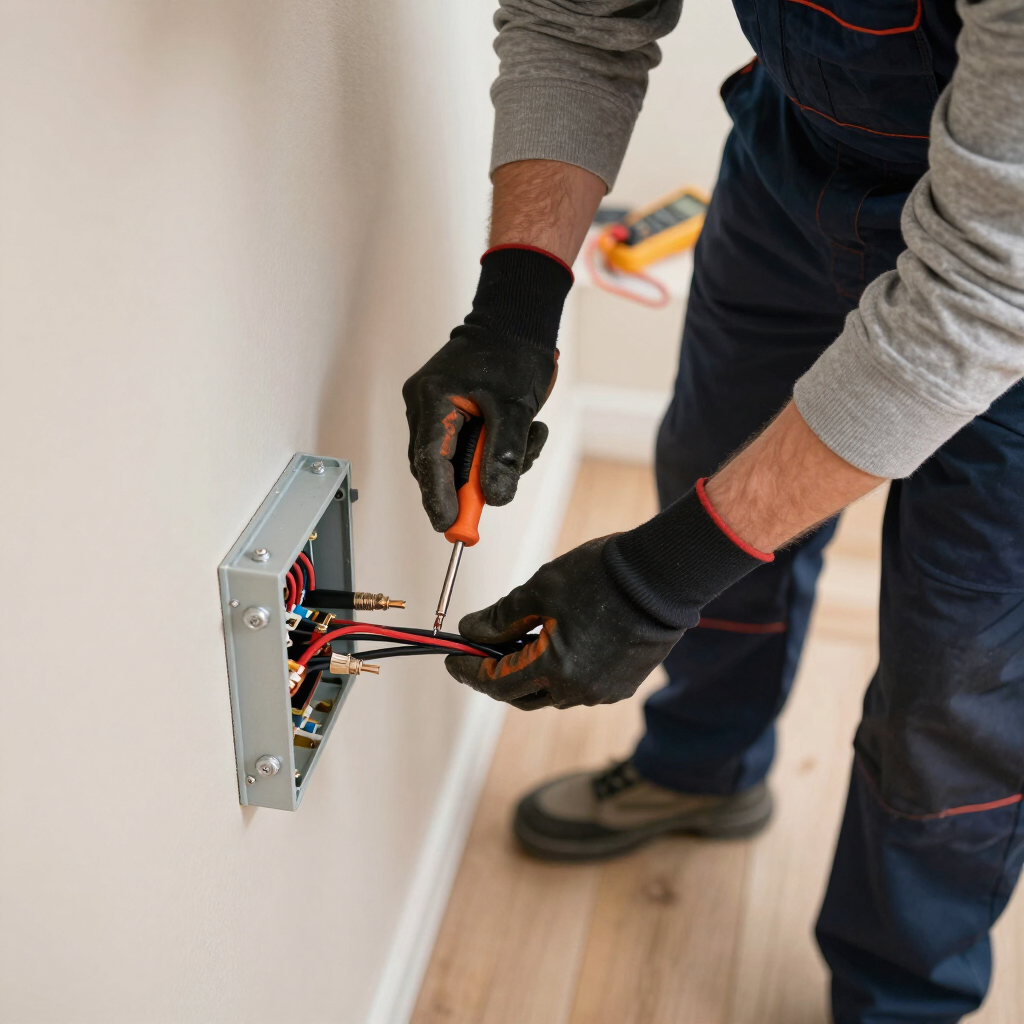 Technician wiring an electrical wall box with a screwdriver and black gloves in a room under renovation