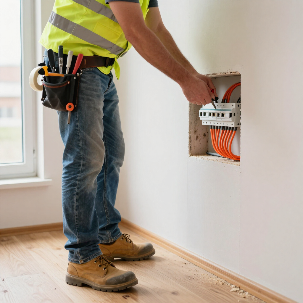 Electrician working on an open wall electrical panel with visible orange wiring in a room under renovation