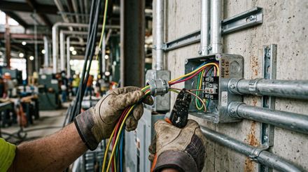 Gloved hands wiring an electrical panel in an industrial workshop, with multicolored cables and metal conduits.