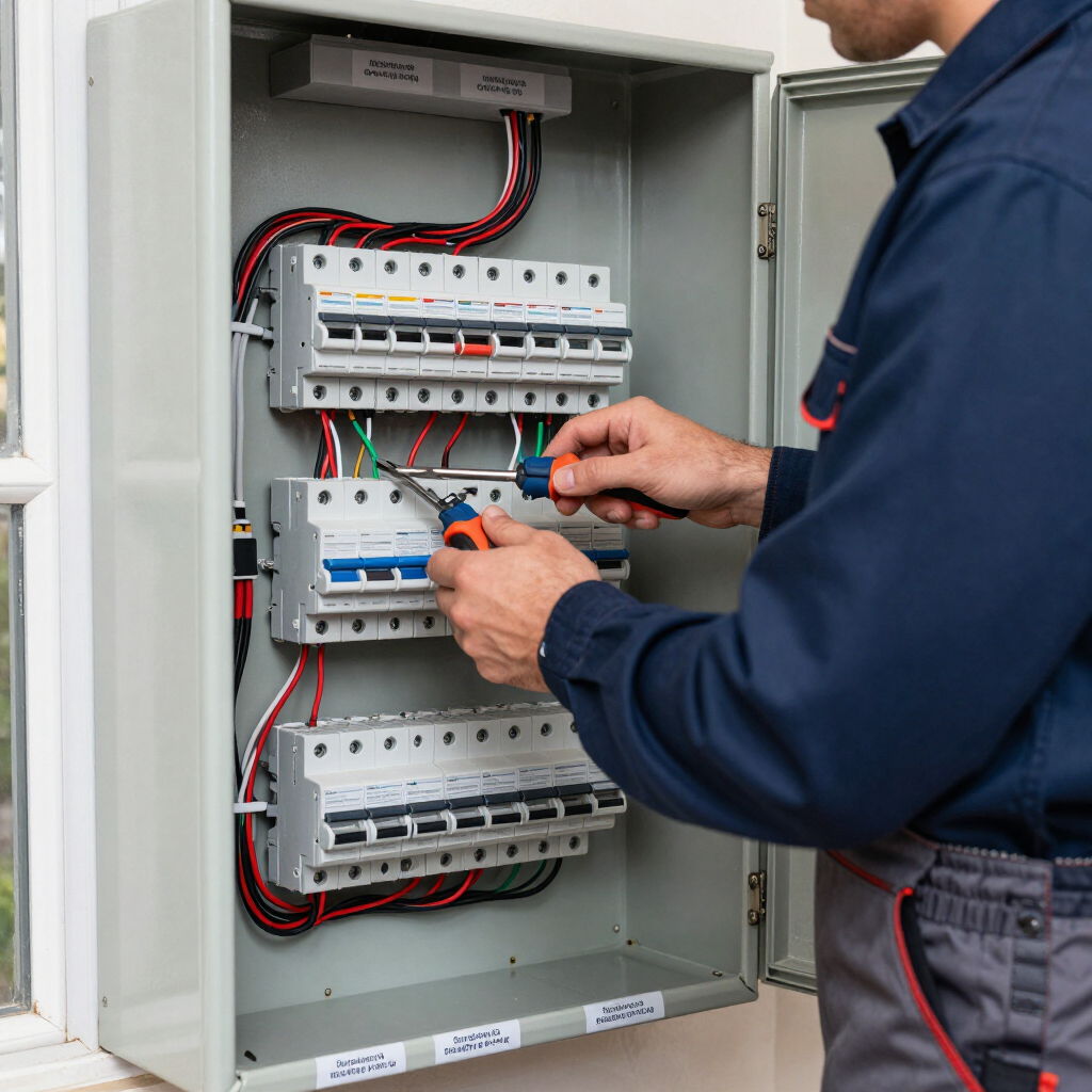 Electrician wiring an open gray electrical control panel with circuit breakers and red-black cables