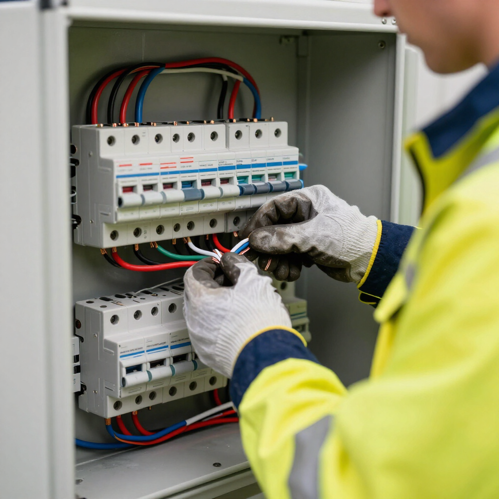 Electrician in gloves wiring a breaker panel inside a gray electrical cabinet.