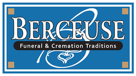 Berceuse Funeral & Cremation Traditions logo: blue box, white text, decorative script "B," and heart.