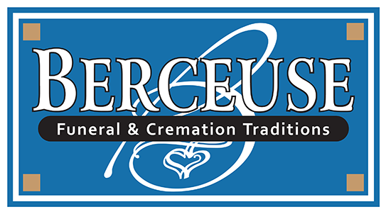 Berceuse Funeral & Cremation Traditions logo: blue box, white text, decorative script "B," and heart.