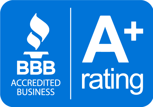 BBB Accredited Business A+ rating badge on blue background