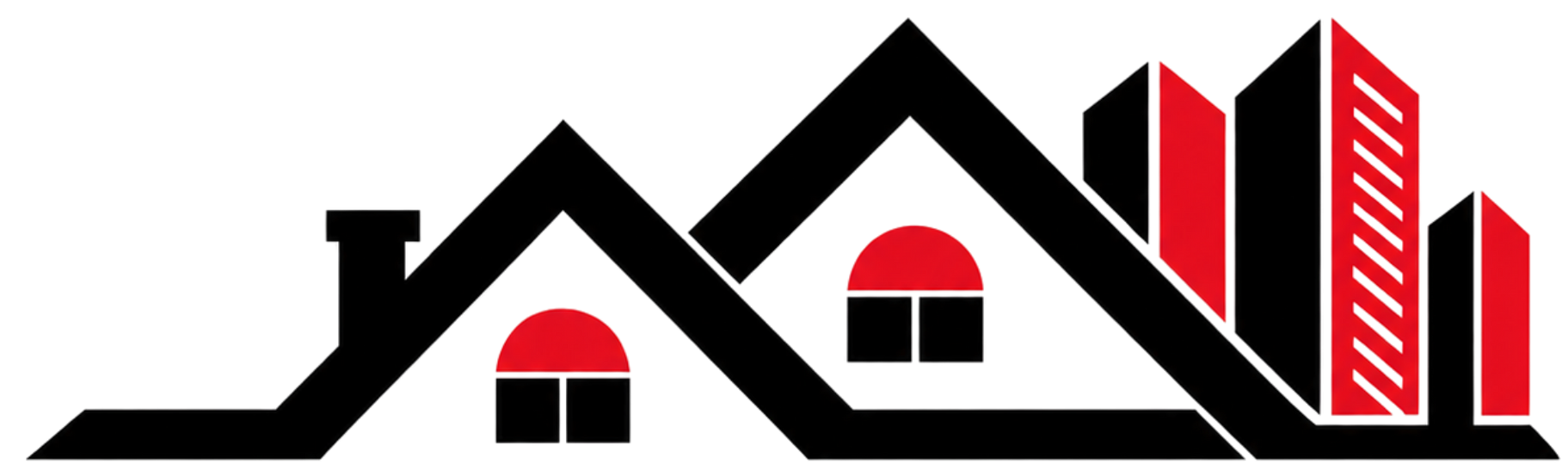Red roof house logo with gray windows and a blue paintbrush stroke on white circle