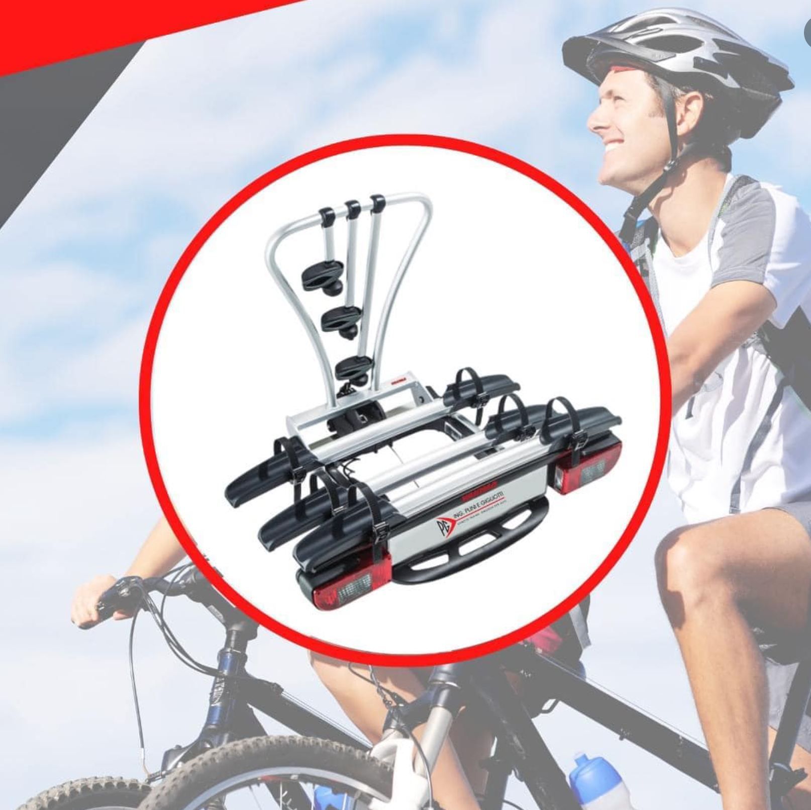 Portabici posteriore con luci posteriori rosse, mostrato in un riquadro circolare su uno sfondo raffigurante un ciclista.