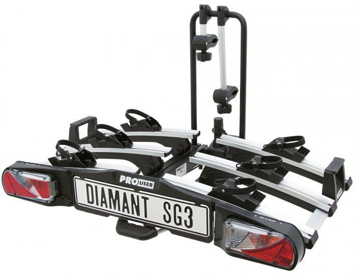 Portabici posteriore DIAMANT SG3 con due luci posteriori e telaio di aggancio verticale, su sfondo bianco.