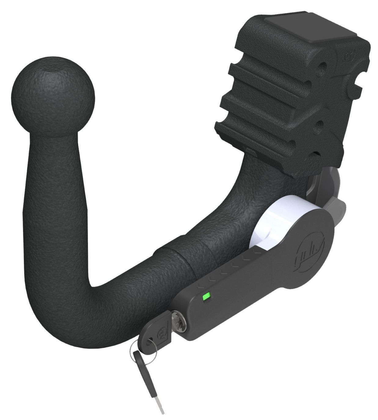Lucchetto nero per bicicletta con cavo ad anello e chiave su sfondo bianco.