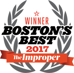 The logo for boston 's best 2017 has a laurel wreath and a red ribbon.