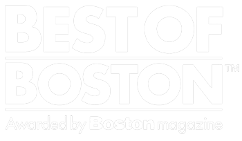 A white logo for best of boston awarded by boston magazine.