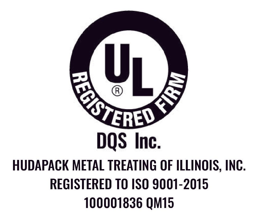 The logo for hudapack metal treating of illinois , inc. is registered to iso 9001-2015.