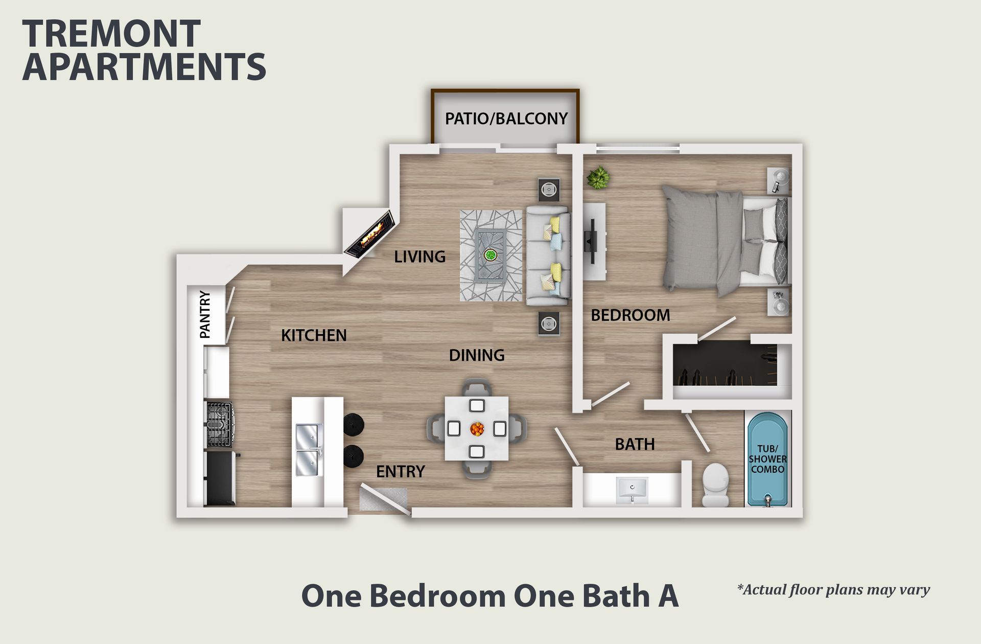 3D floor plan of a small loft apartment with kitchen, dining, living, and bedroom areas
