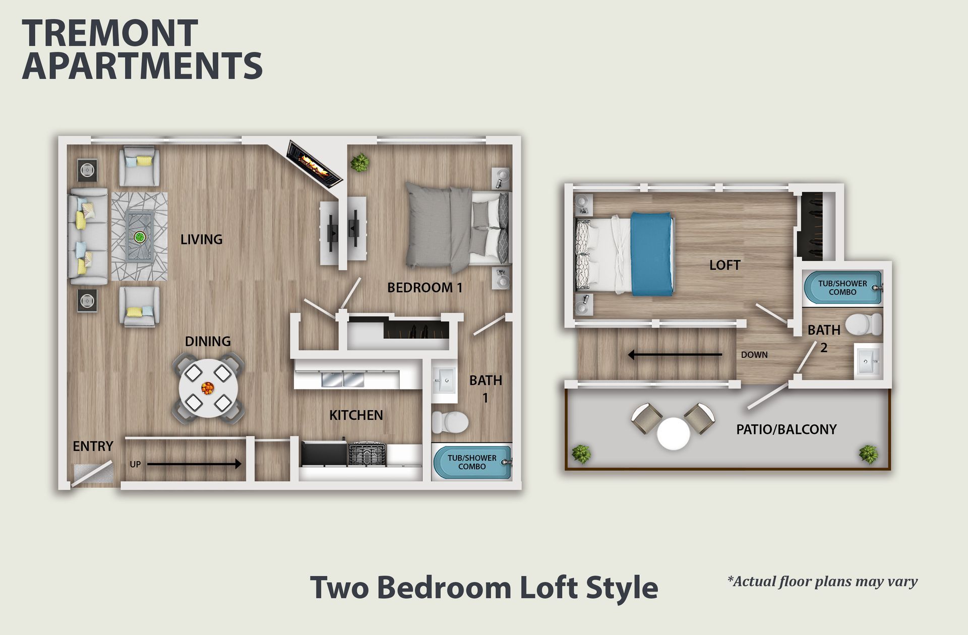 3D floor plan of a small apartment with bedroom, living area, kitchen, bath, and balcony