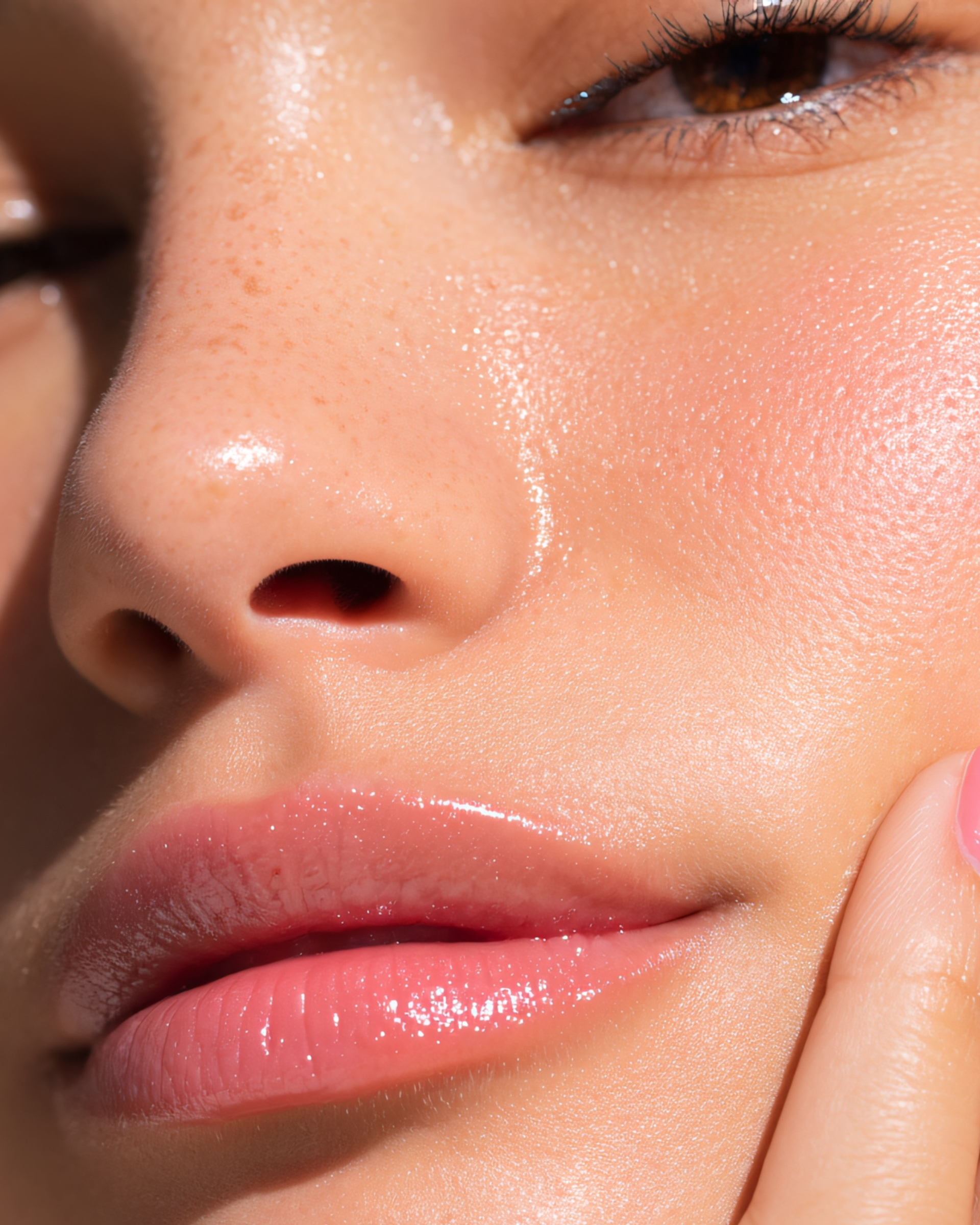 Woman applying pink lip gloss to glossy lips with a tube applicator.