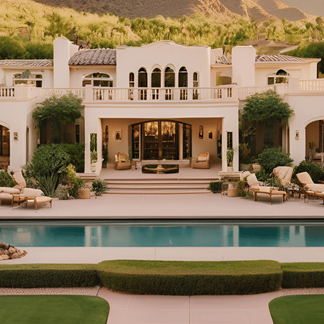 Luxury white villa with pool and desert mountain backdrop at sunset