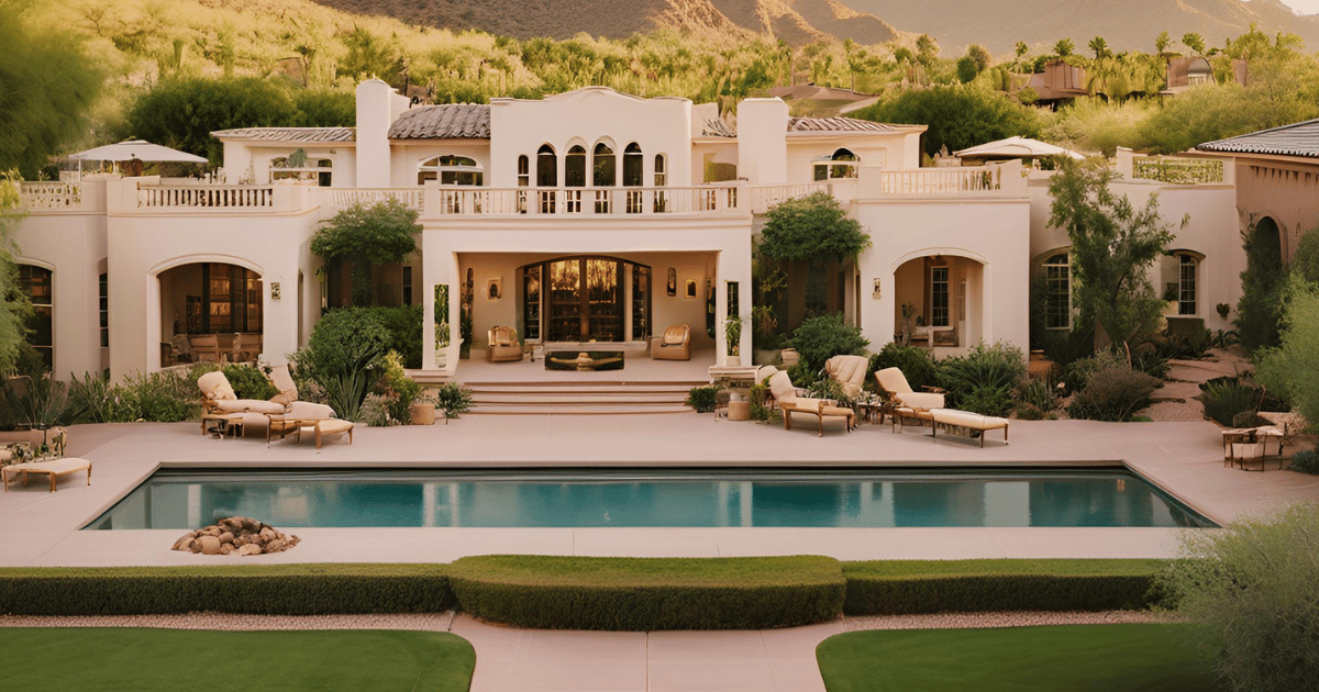 Modern Mediterranean-style mansion with a long reflecting pool, manicured lawn, and hillside backdrop