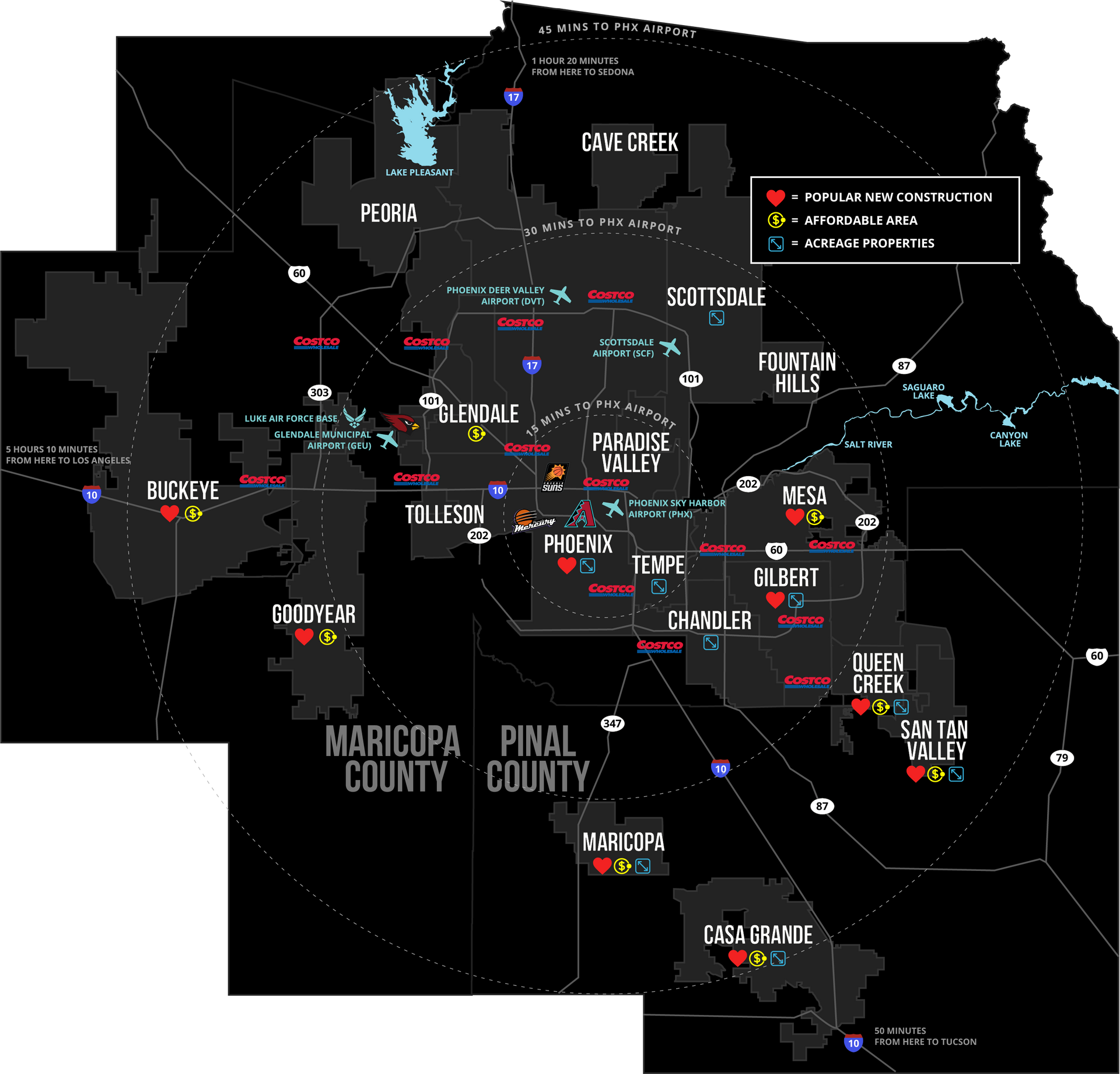 Dark map of Maricopa County with city labels, roads, and colored markers/routes.