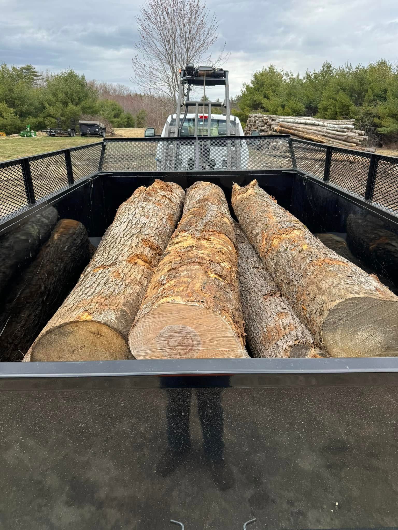 Logs loaded in a black truck bed at a lumber yard, with a loader and wood stacks in the background