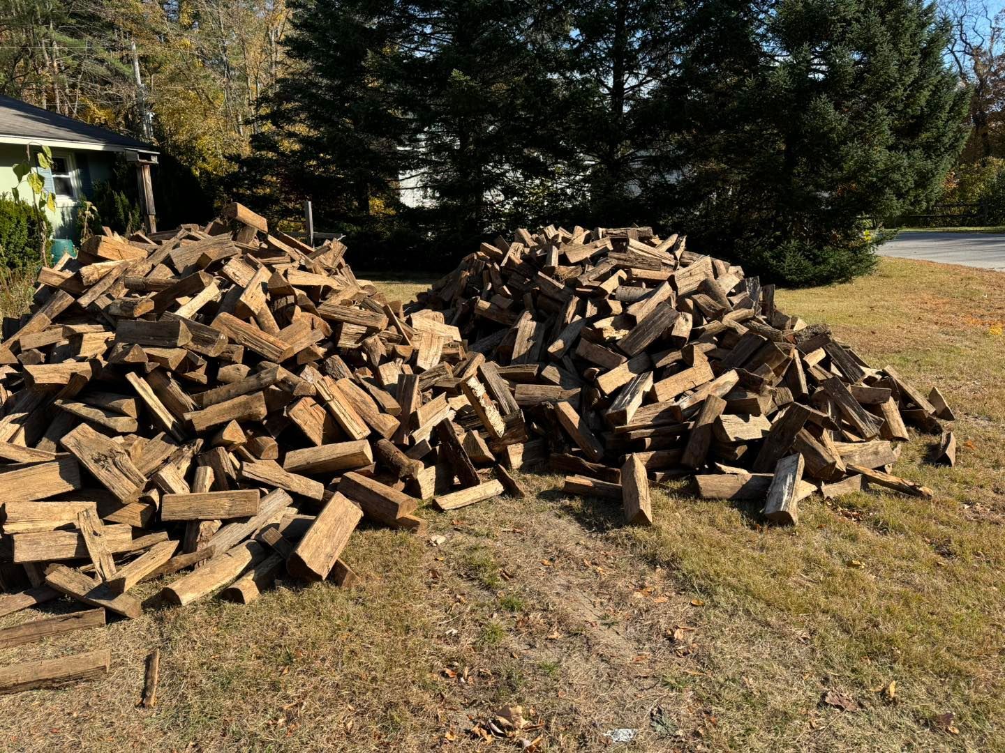 Two large piles of chopped firewood stacked on a grassy yard near trees and a road