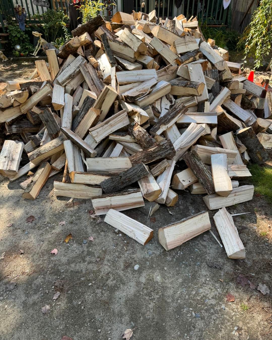 Pile of split firewood stacked outdoors on a paved surface, with trees and garden greenery in the background.