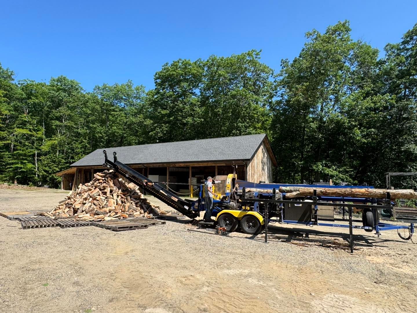 Yellow tractor loading logs beside a rustic wood shed in a wooded yard
