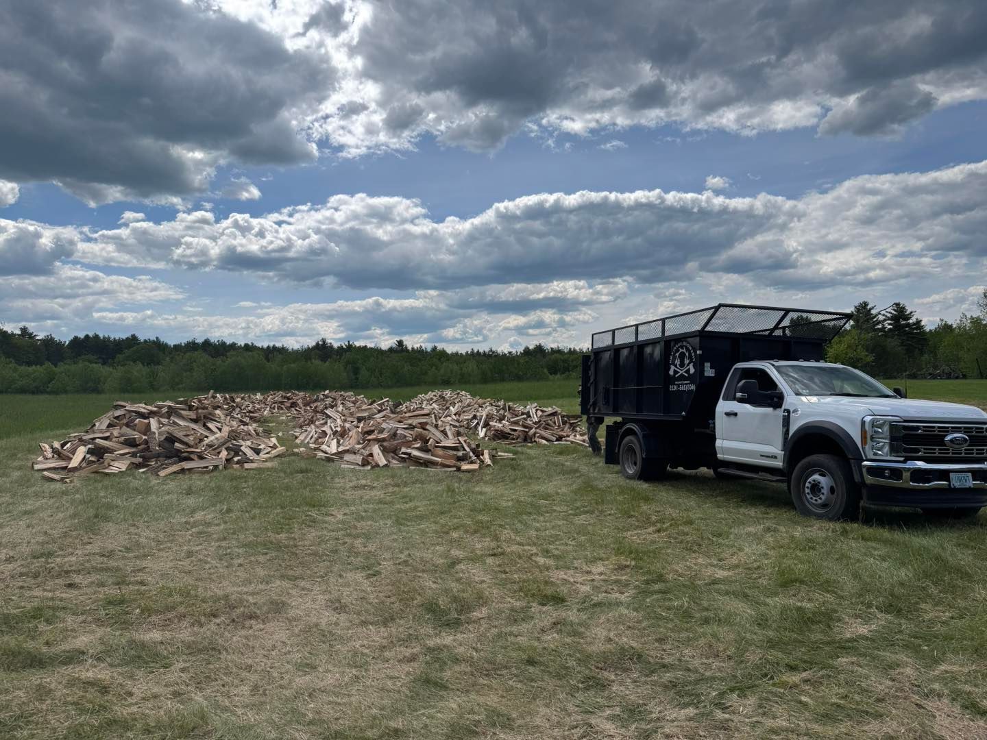 A white pickup truck next to a large pile of firewood on a grassy field under a cloudy sky.