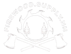 FIREWOOD.SUPPLY.NH logo with crossed axes and a stylized white wood/antler emblem on black background