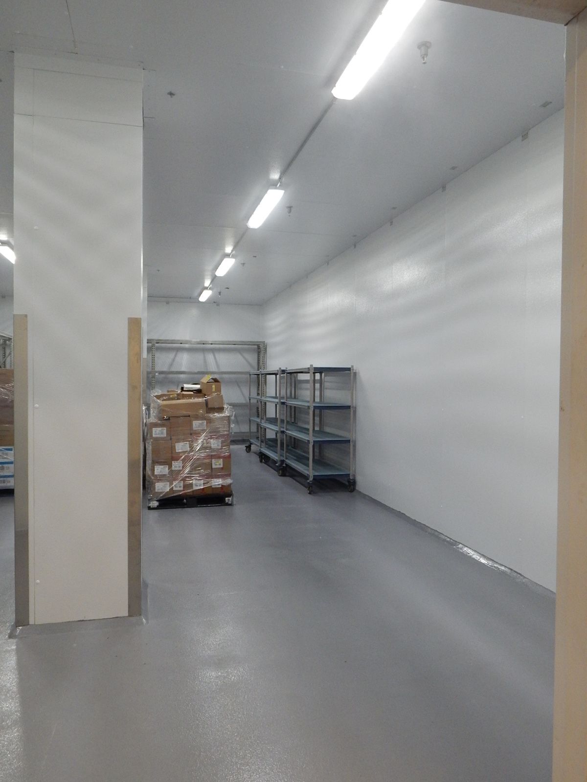An interior view of a commercial storage room with grey flooring, white walls, overhead lighting, and metal shelving units.