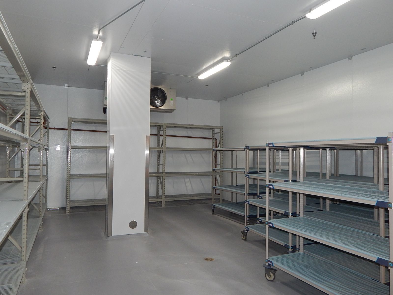 An empty industrial walk-in cooler with metal shelving units against white walls and a ceiling cooling unit.