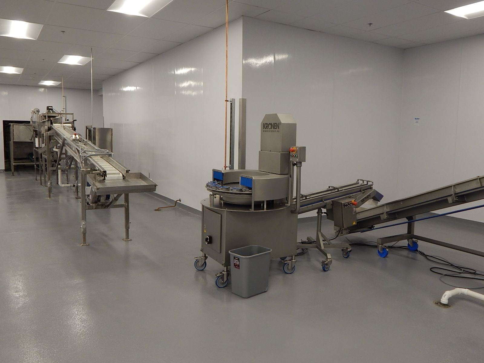 Industrial food processing line with stainless steel conveyors and machinery in a clean, brightly lit production facility.