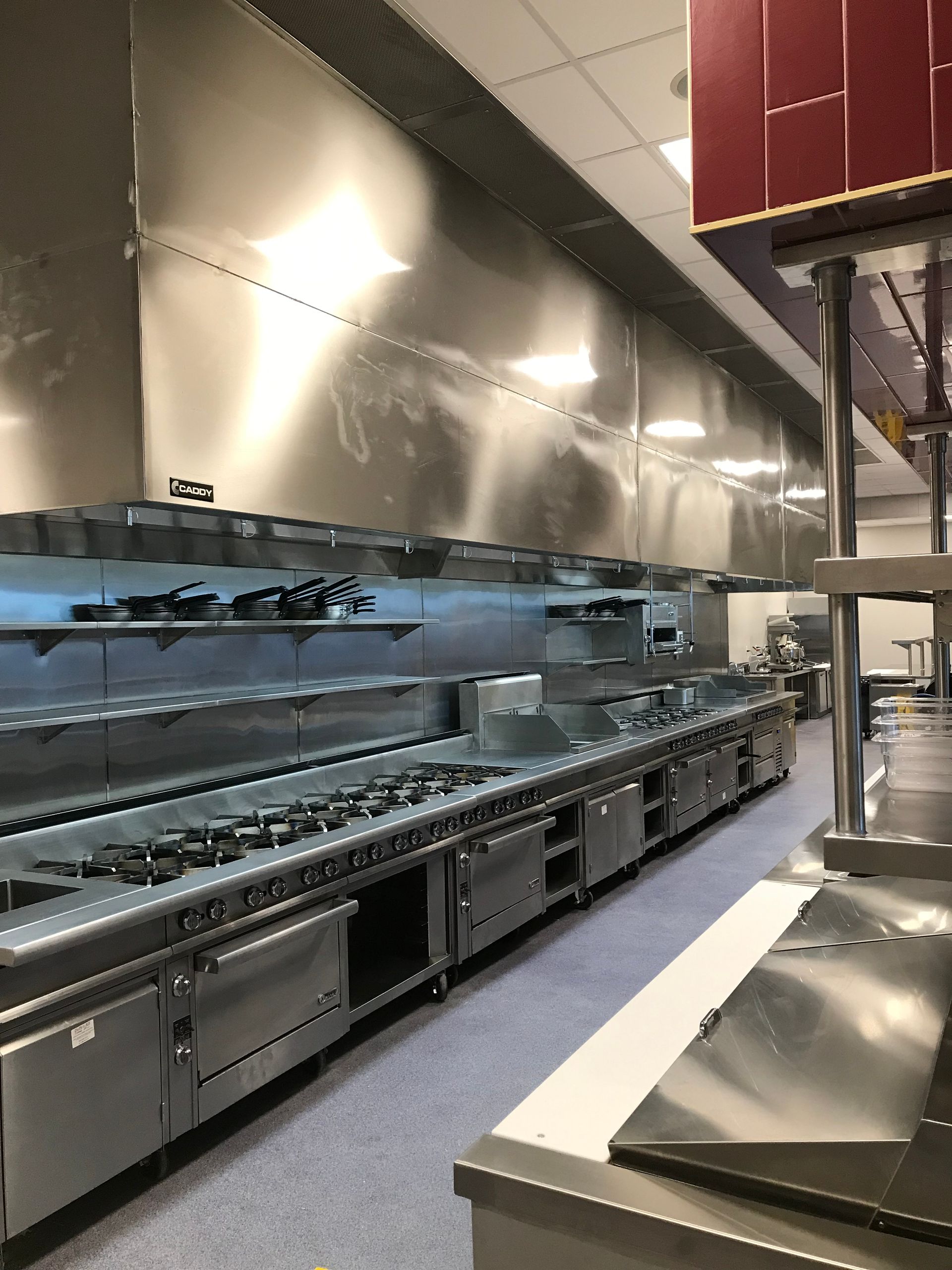 A commercial kitchen featuring a long row of stainless steel stoves, ovens, and a large overhead ventilation hood.