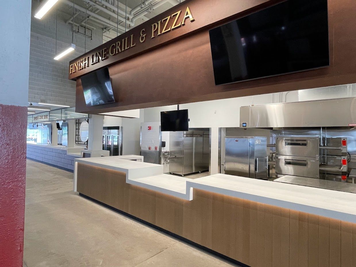 A modern service counter labeled 