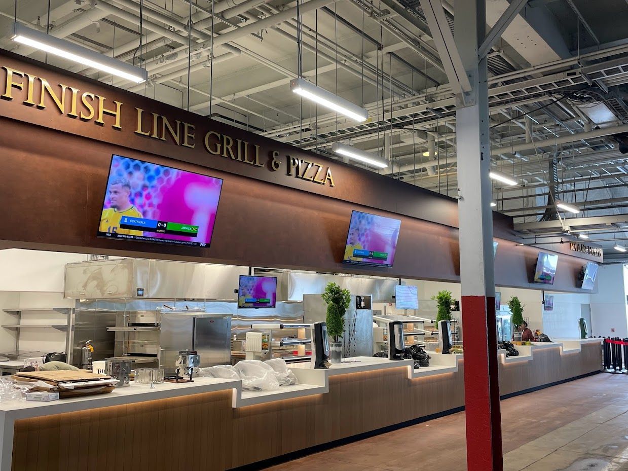 A cafeteria-style counter labeled 