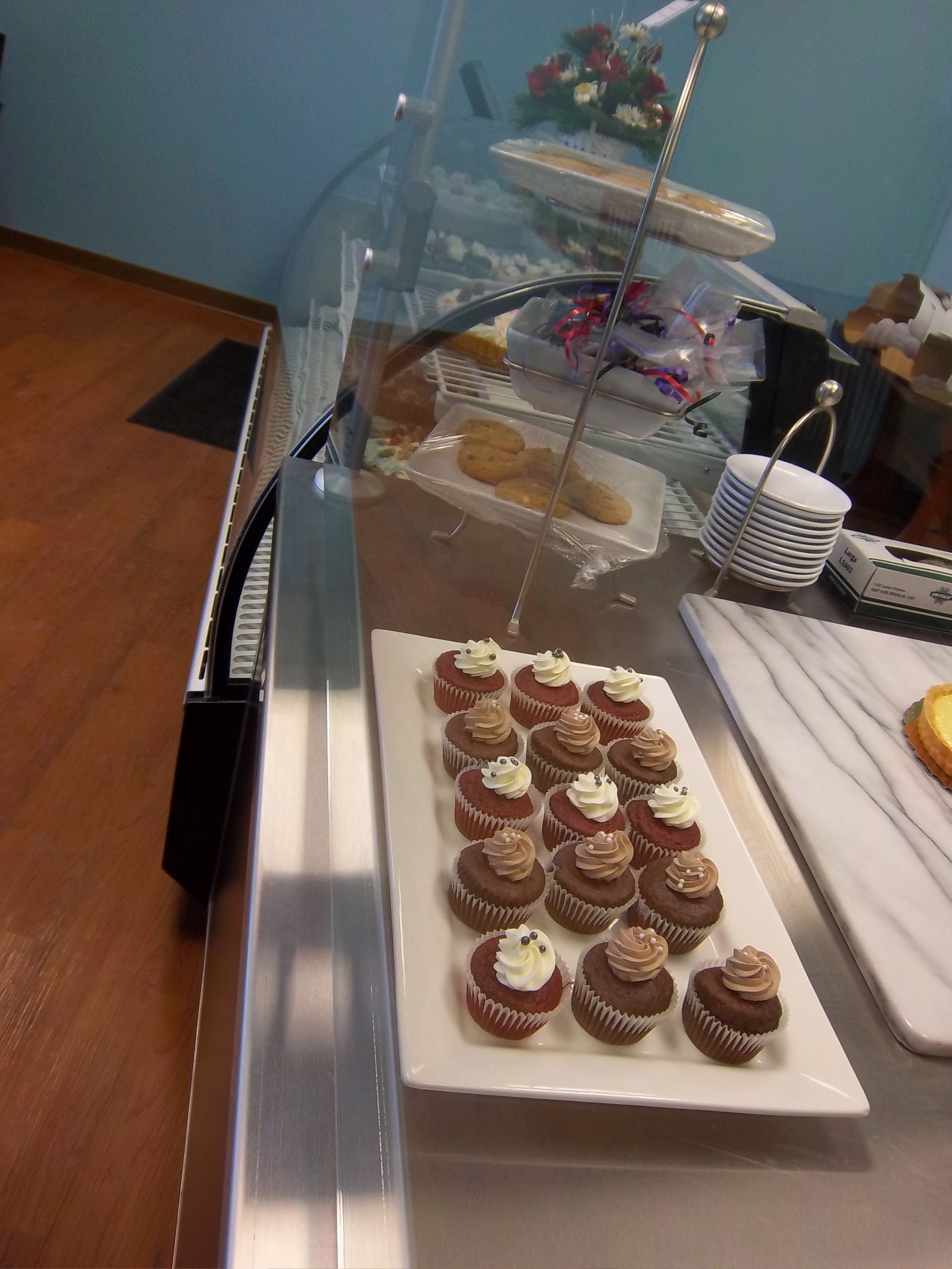A rectangular tray of chocolate cupcakes with white frosting sits inside a display case in a bakery.