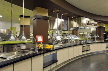 A modern, curved cafeteria serving line titled 