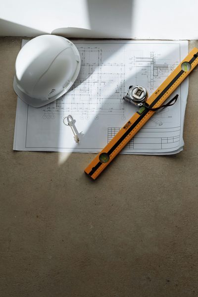 A white hard hat, a yellow ruler, and a measuring tape sit on top of construction blueprints.
